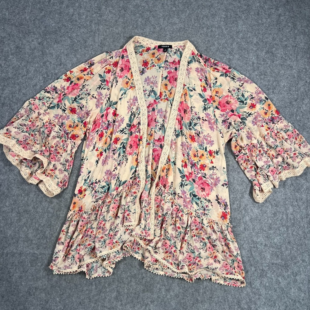 Torrid Taupe Tan Floral Chiffon Ruffle Kimono Sweater‎ Women's Size 1/1X